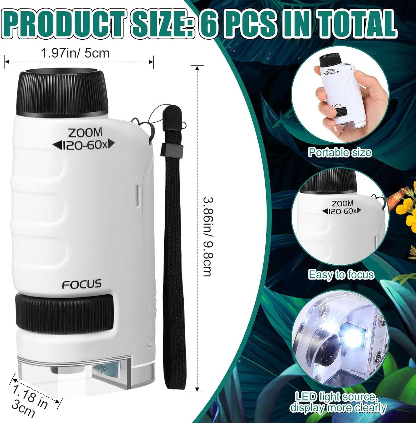 6-Pack Pocket Microscope 60x-120x LED – White