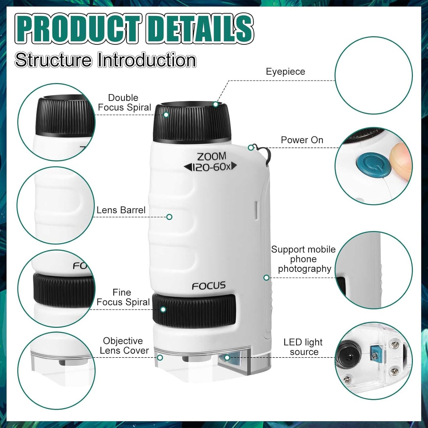 6-Pack Pocket Microscope 60x-120x LED – White