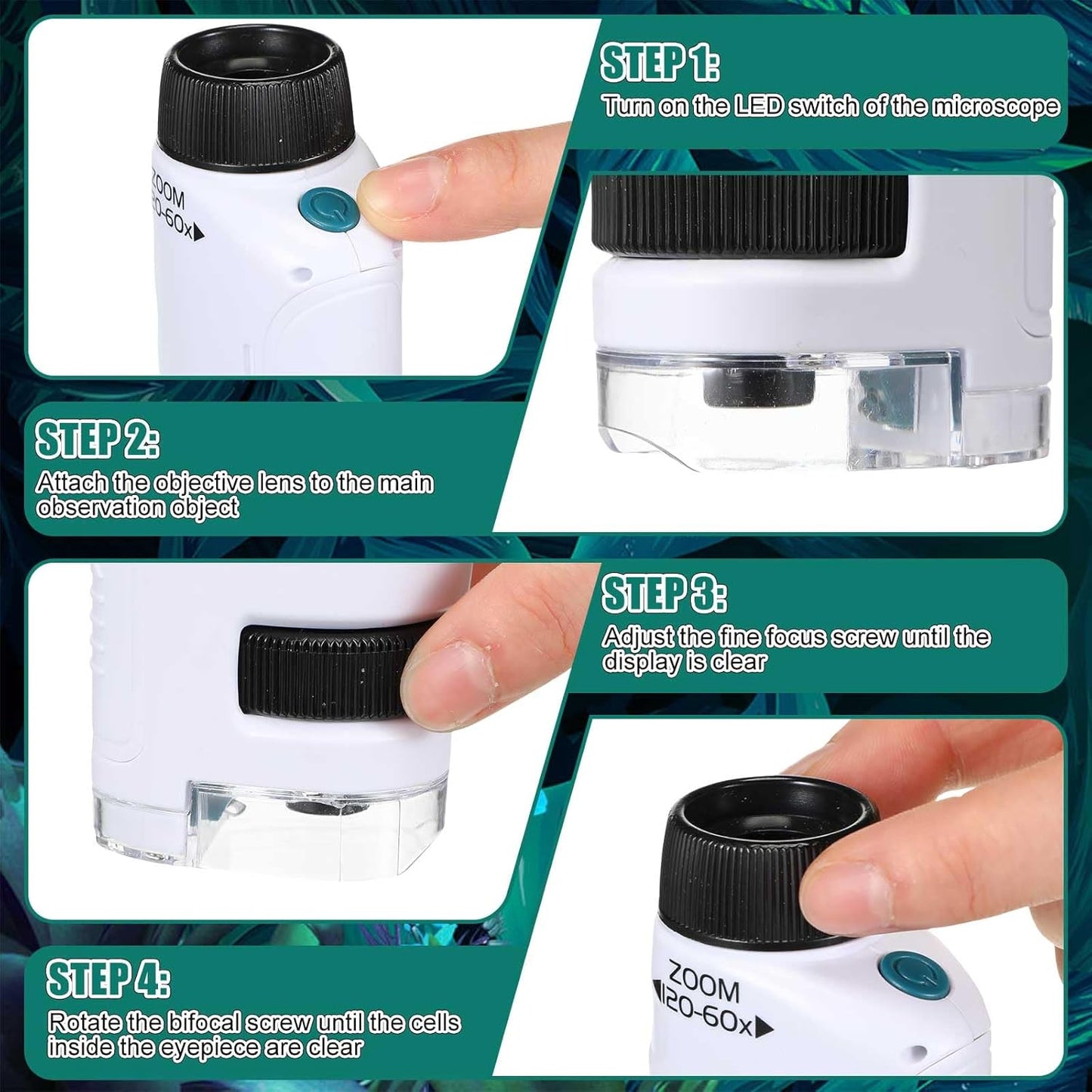 6-Pack Pocket Microscope 60x-120x LED – White